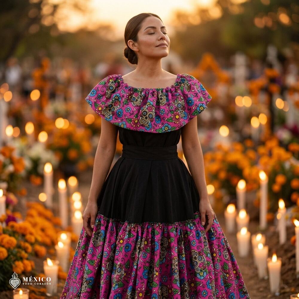 Mexican Dress Set Single Circle Skirt - Day Of The Dead & Noche De Muertos